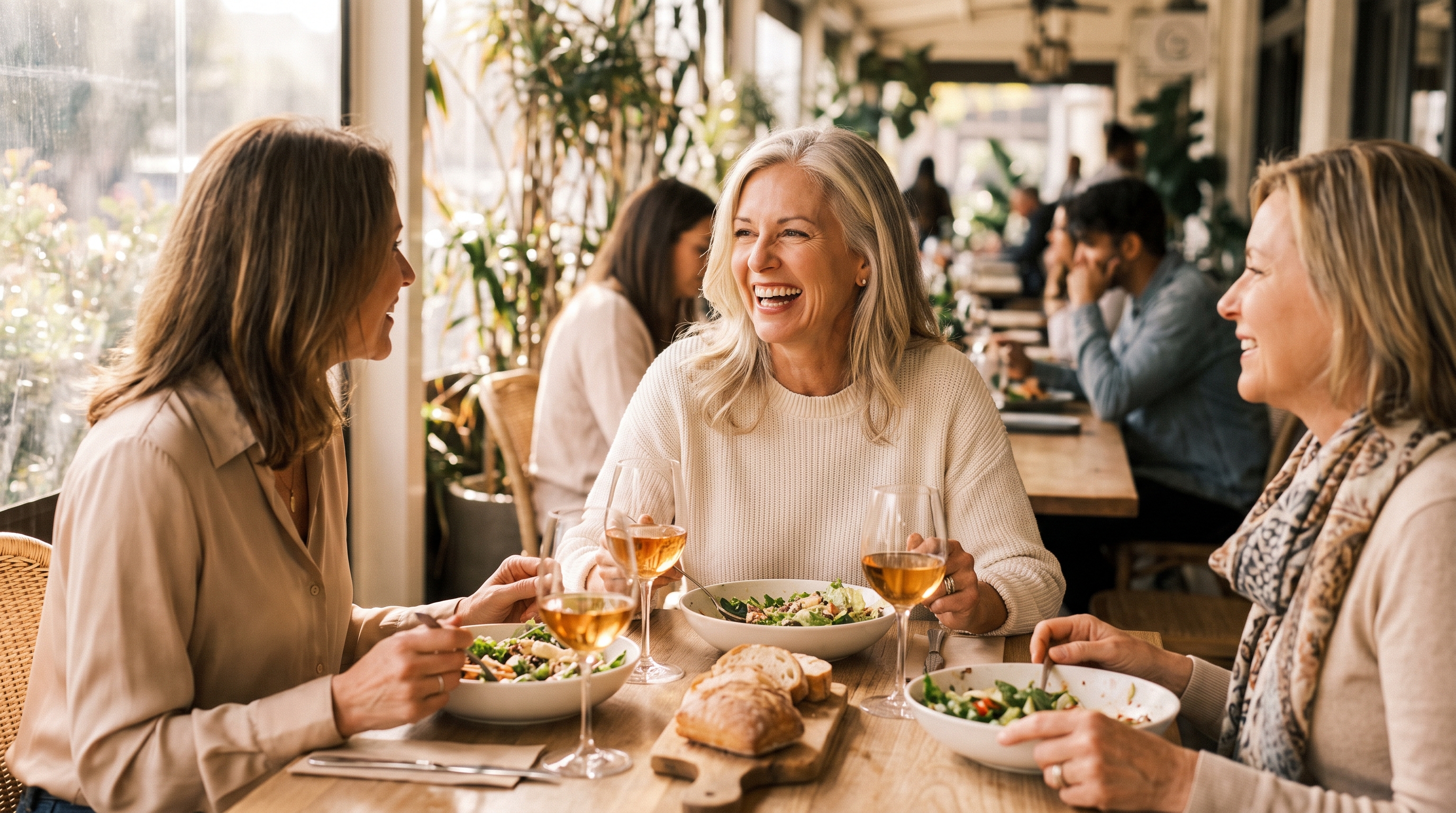 Woman laughing with friends at lunch